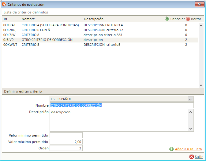 Alta de criterios de evaluación